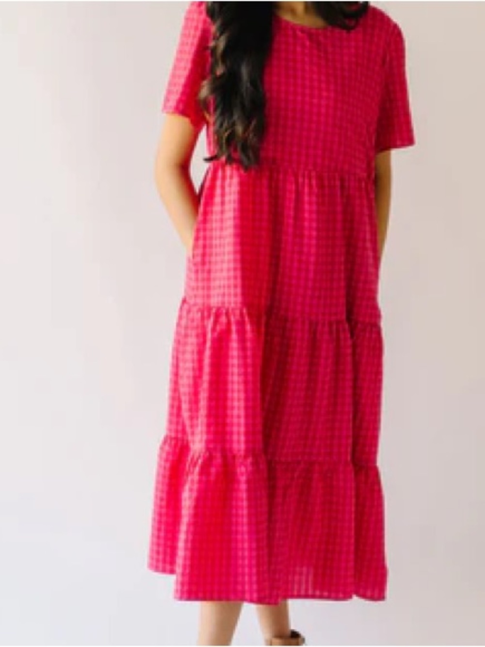 Pink gingham tiered, short sleeve, maxi dress by Orange Creek